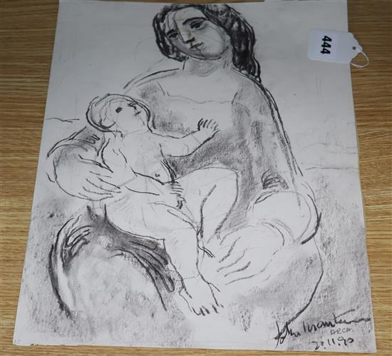 Modern British, charcoal on paper, Mother and child, signed and dated 90, 38 x 31cm, unframed